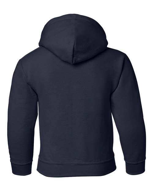 Gildan 18500B Heavy Blend youth pullover hoodie in Navy, back view showing the hood, long sleeves and ribbed hem.