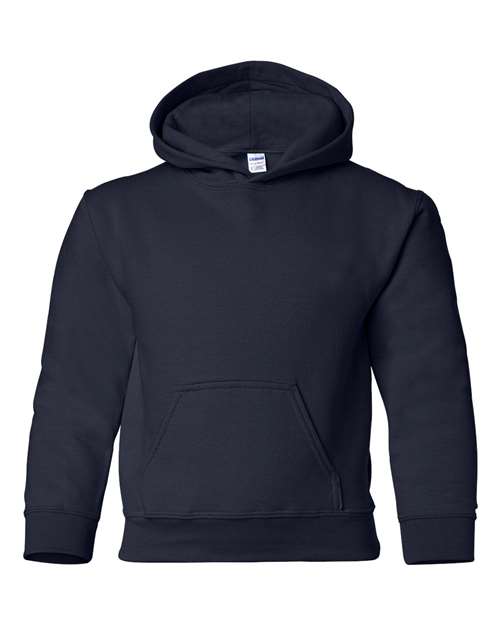 Gildan 18500B Heavy Blend youth pullover hoodie in Navy, front view showing the hood and front pocket.