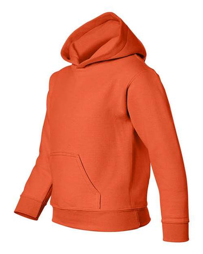 Gildan 18500B Heavy Blend youth pullover hoodie in Orange, angled front view showing the hood and front pocket.