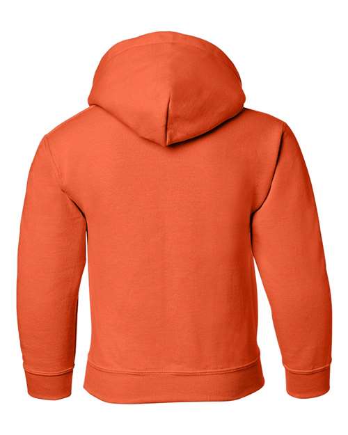 Gildan 18500B Heavy Blend youth pullover hoodie in Orange, back view showing the hood, long sleeves and ribbed hem.