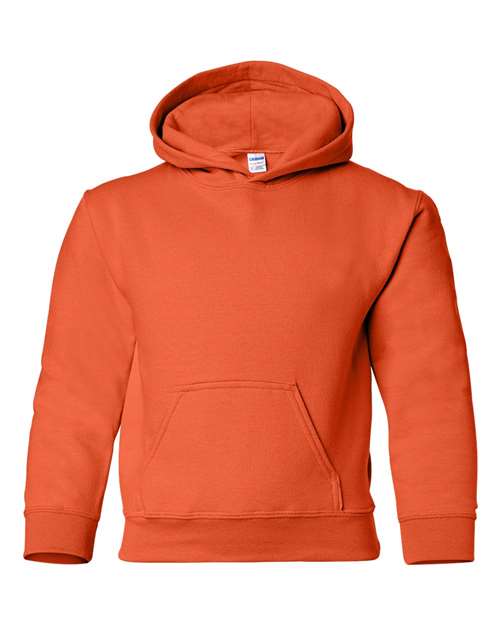 Gildan 18500B Heavy Blend youth pullover hoodie in Orange, front view showing the hood and front pocket.