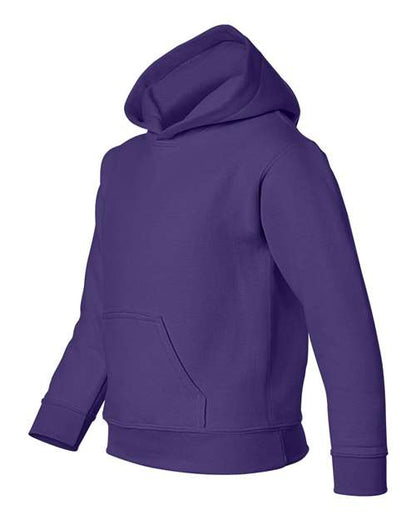 Gildan 18500B Heavy Blend youth pullover hoodie in Purple, angled front view showing the hood and front pocket.