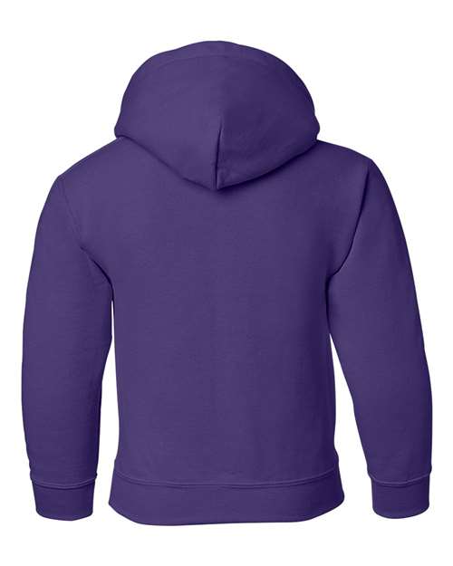 Gildan 18500B Heavy Blend youth pullover hoodie in Purple, back view showing the hood, long sleeves and ribbed hem.