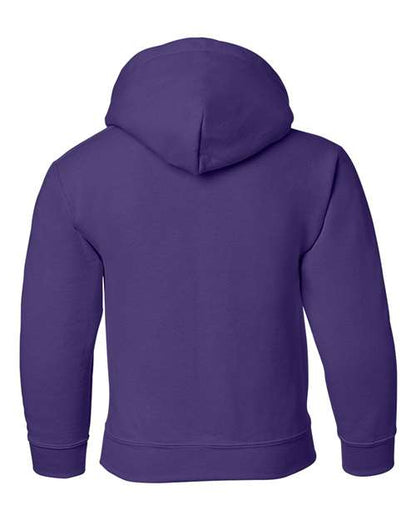 Gildan 18500B Heavy Blend youth pullover hoodie in Purple, back view showing the hood, long sleeves and ribbed hem.