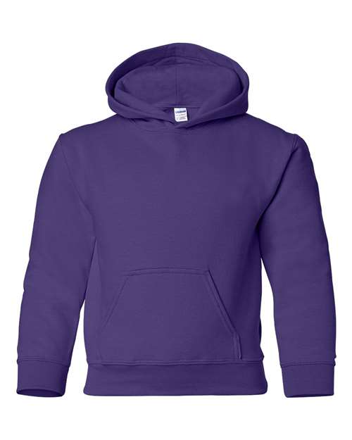 Gildan 18500B Heavy Blend youth pullover hoodie in Purple, front view showing the hood and front pocket.