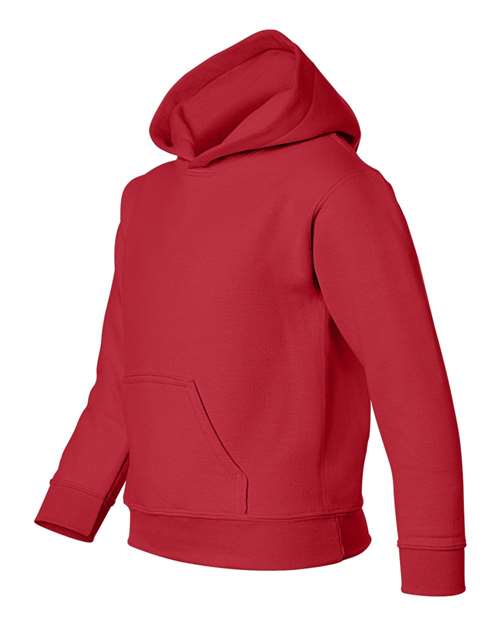 Gildan 18500B Heavy Blend youth pullover hoodie in Red, angled front view showing the hood and front pocket.