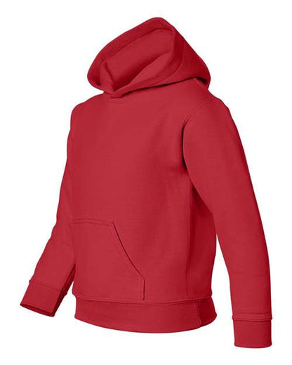 Gildan 18500B Heavy Blend youth pullover hoodie in Red, angled front view showing the hood and front pocket.