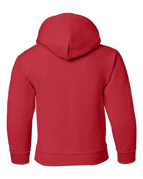 Gildan 18500B Heavy Blend youth pullover hoodie in Red, back view showing the hood, long sleeves and ribbed hem.