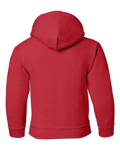 Gildan 18500B Heavy Blend youth pullover hoodie in Red, back view showing the hood, long sleeves and ribbed hem.