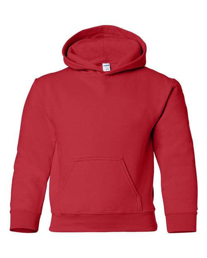 Gildan 18500B Heavy Blend youth pullover hoodie in Red, front view showing the hood and front pocket.