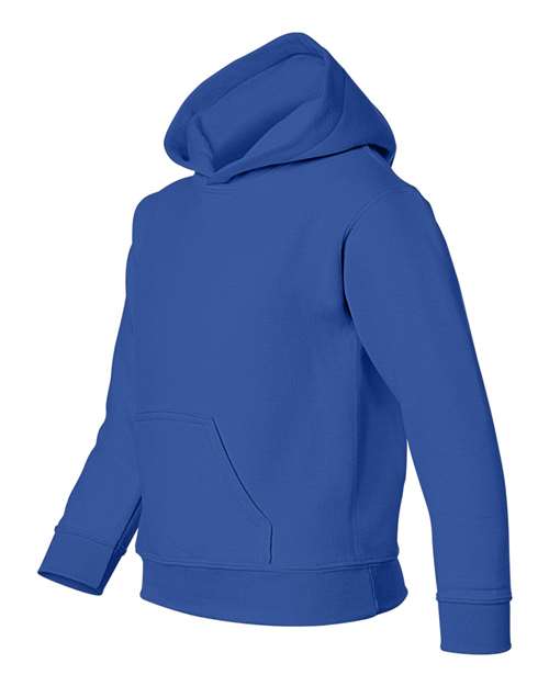 Gildan 18500B Heavy Blend youth pullover hoodie in Royal, angled front view showing the hood and front pocket.