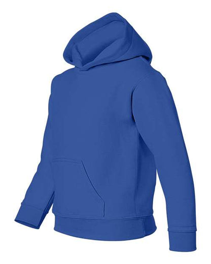 Gildan 18500B Heavy Blend youth pullover hoodie in Royal, angled front view showing the hood and front pocket.