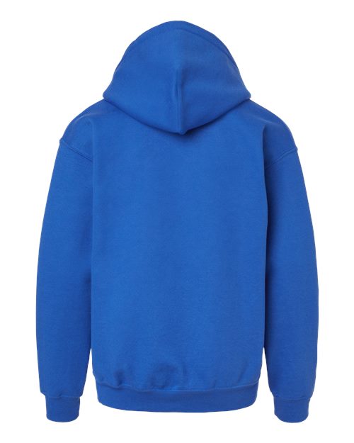 Gildan 18500B Heavy Blend youth pullover hoodie in Royal, back view showing the hood, long sleeves and ribbed hem.