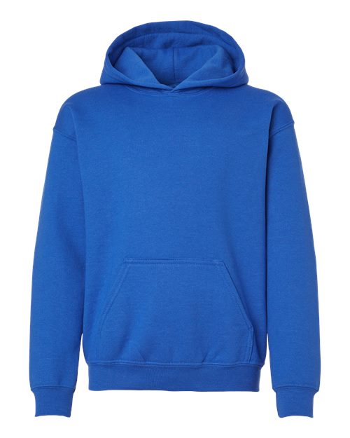 Gildan 18500B Heavy Blend youth pullover hoodie in Royal, front view showing the hood and front pocket.