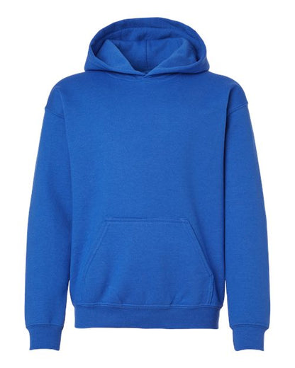 Gildan 18500B Heavy Blend youth pullover hoodie in Royal, front view showing the hood and front pocket.