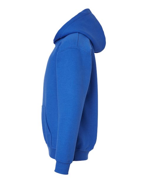 Gildan 18500B Heavy Blend youth pullover hoodie in Royal, side view showing the hood, sleeve and ribbed cuff.