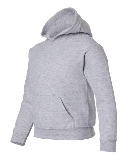 Gildan 18500B Heavy Blend youth pullover hoodie in Sport Grey, angled front view showing the hood and front pocket.