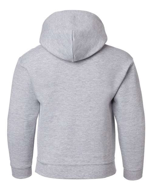 Gildan 18500B Heavy Blend youth pullover hoodie in Sport Grey, back view showing the hood, long sleeves and ribbed hem.