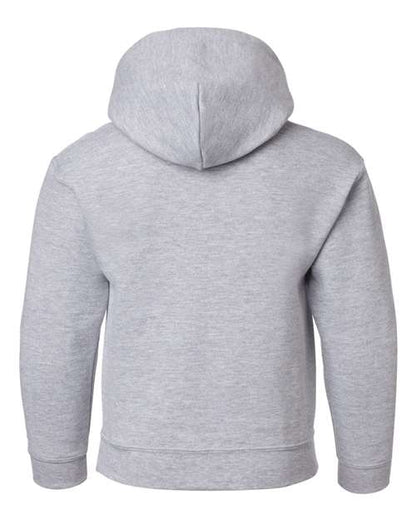 Gildan 18500B Heavy Blend youth pullover hoodie in Sport Grey, back view showing the hood, long sleeves and ribbed hem.