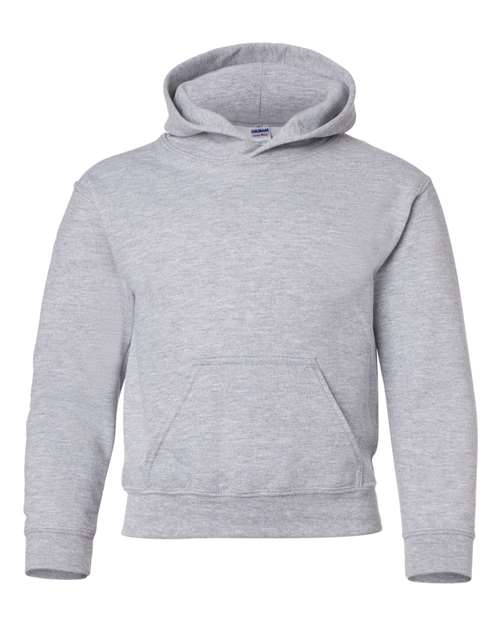 Gildan 18500B Heavy Blend youth pullover hoodie in Sport Grey, front view showing the hood and front pocket.