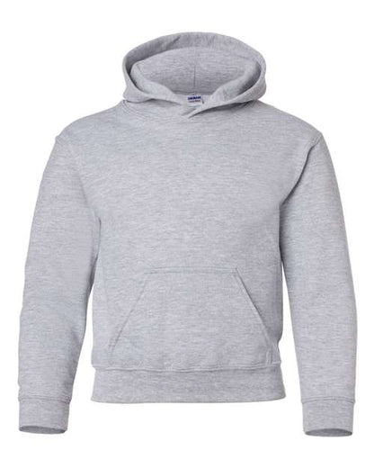 Gildan 18500B Heavy Blend youth pullover hoodie in Sport Grey, front view showing the hood and front pocket.