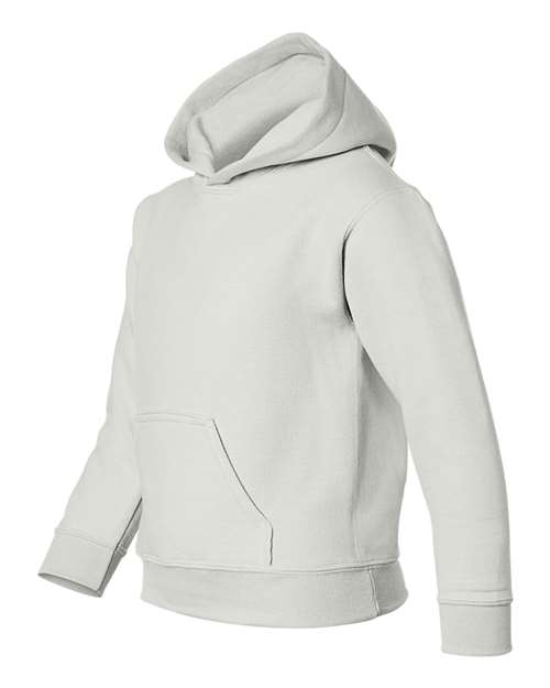 Gildan 18500B Heavy Blend youth pullover hoodie in White, angled front view showing the hood and front pocket.
