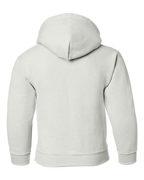 Gildan 18500B Heavy Blend youth pullover hoodie in White, back view showing the hood, long sleeves and ribbed hem.
