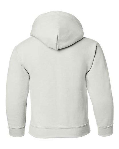 Gildan 18500B Heavy Blend youth pullover hoodie in White, back view showing the hood, long sleeves and ribbed hem.