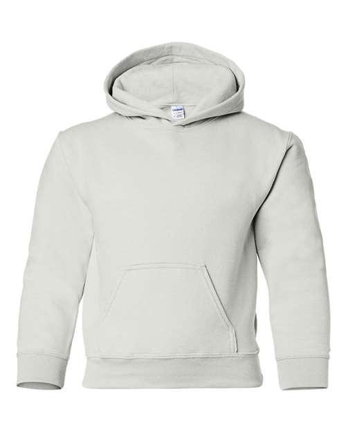 Gildan 18500B Heavy Blend youth pullover hoodie in White, front view showing the hood and front pocket.