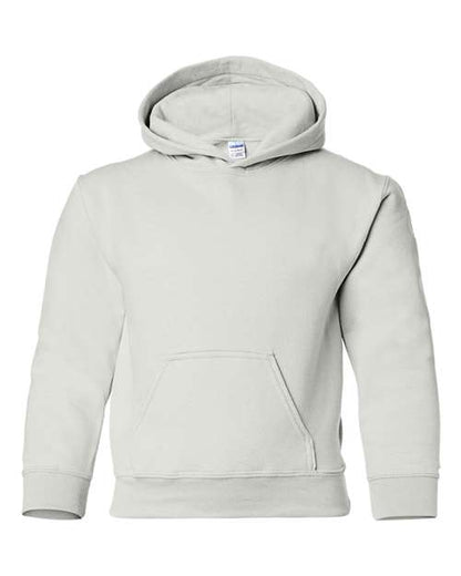 Gildan 18500B Heavy Blend youth pullover hoodie in White, front view showing the hood and front pocket.