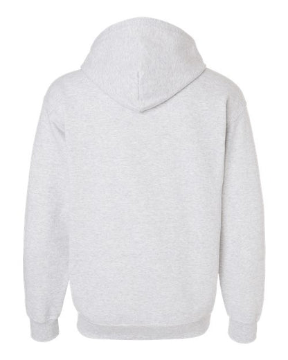 Gildan 18600 Heavy Blend full-zip hoodie in Ash, back view showing the hood, long sleeves and ribbed hem.