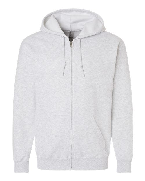 Gildan 18600 Heavy Blend full-zip hoodie in Ash, front view showing the zipper, drawstring hood and pouch pockets.
