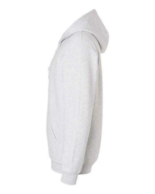 Gildan 18600 Heavy Blend full-zip hoodie in Ash, side view showing the hood, sleeve and ribbed cuff.