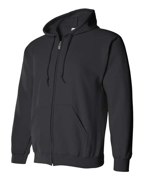 Gildan 18600 Heavy Blend full-zip hoodie in Black, angled front view showing the hood, zipper and pouch pockets.