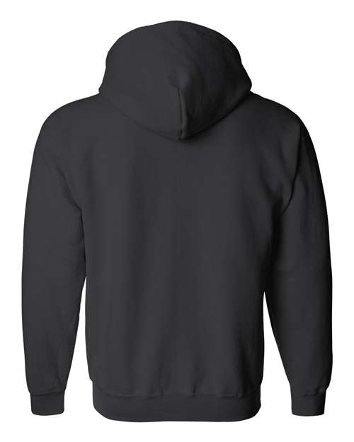Gildan 18600 Heavy Blend full-zip hoodie in Black, back view showing the hood, long sleeves and ribbed hem.