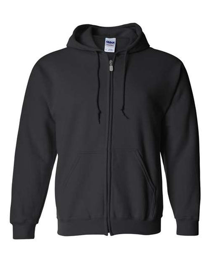 Gildan 18600 Heavy Blend full-zip hoodie in Black, front view showing the zipper, drawstring hood and pouch pockets.