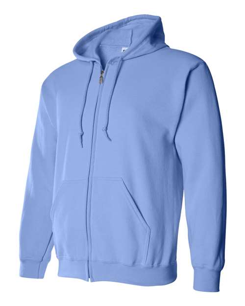 Gildan 18600 Heavy Blend full-zip hoodie in Carolina Blue, angled front view showing the hood, zipper and pouch pockets.