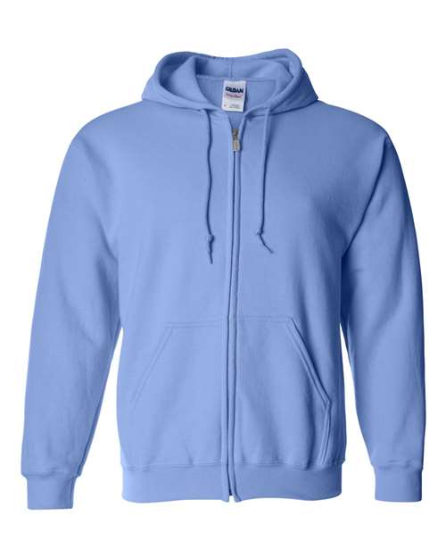 Gildan 18600 Heavy Blend full-zip hoodie in Carolina Blue, front view showing the zipper, drawstring hood and pouch pockets.