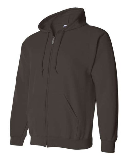 Gildan 18600 Heavy Blend full-zip hoodie in Dark Chocolate, angled front view showing the hood, zipper and pouch pockets.