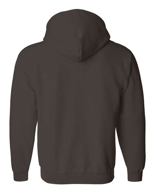 Gildan 18600 Heavy Blend full-zip hoodie in Dark Chocolate, back view showing the hood, long sleeves and ribbed hem.
