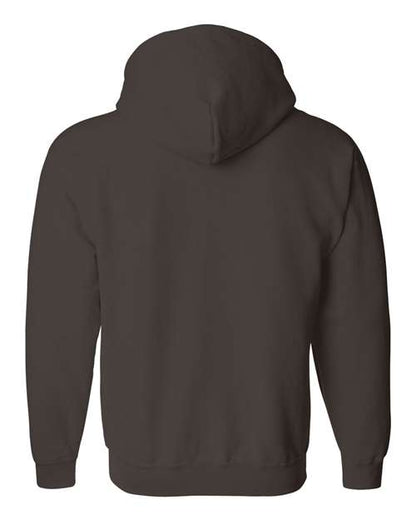 Gildan 18600 Heavy Blend full-zip hoodie in Dark Chocolate, back view showing the hood, long sleeves and ribbed hem.