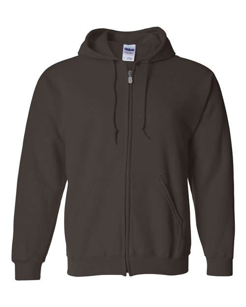 Gildan 18600 Heavy Blend full-zip hoodie in Dark Chocolate, front view showing the zipper, drawstring hood and pouch pockets.