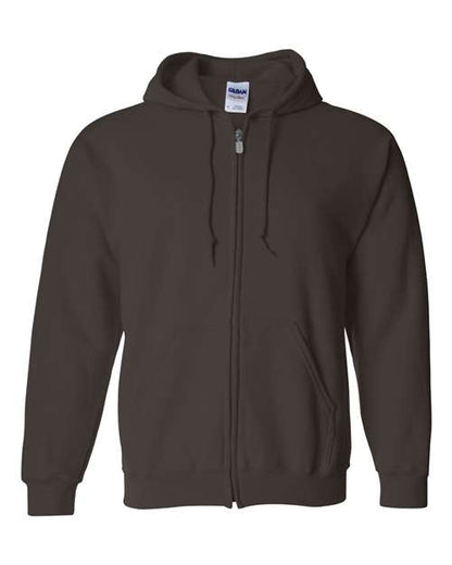 Gildan 18600 Heavy Blend full-zip hoodie in Dark Chocolate, front view showing the zipper, drawstring hood and pouch pockets.