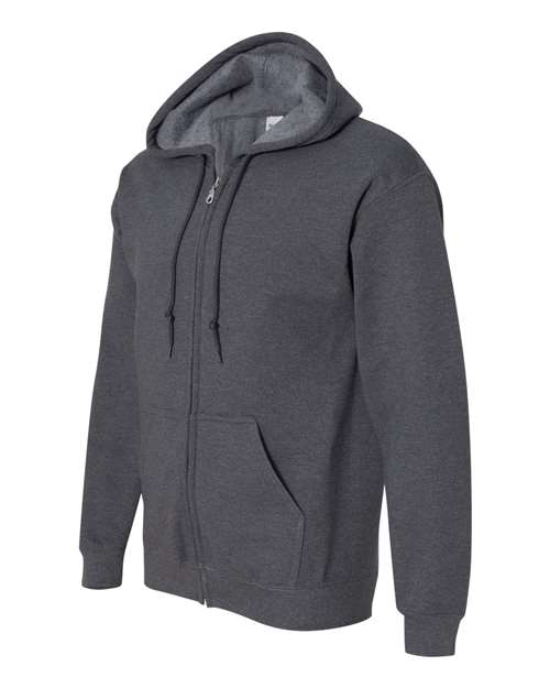 Gildan 18600 Heavy Blend full-zip hoodie in Dark Heather, angled front view showing the hood, zipper and pouch pockets.