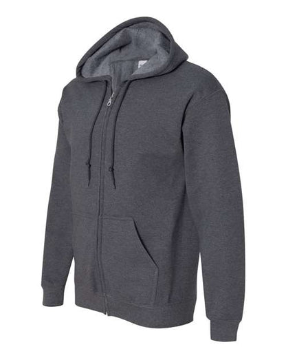 Gildan 18600 Heavy Blend full-zip hoodie in Dark Heather, angled front view showing the hood, zipper and pouch pockets.