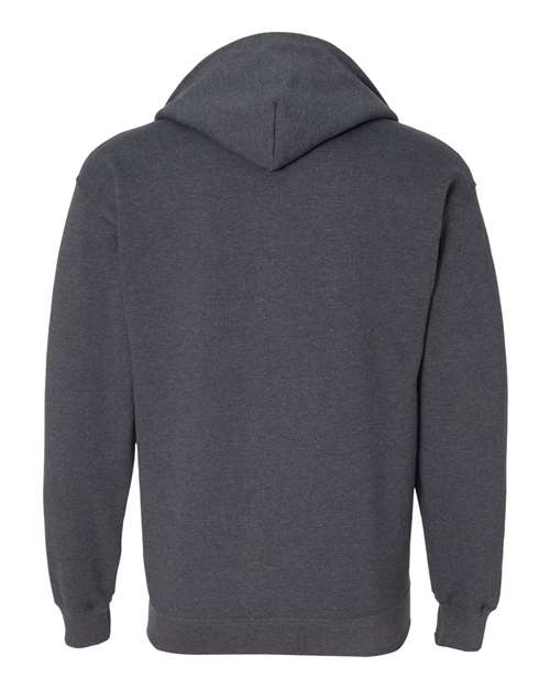Gildan 18600 Heavy Blend full-zip hoodie in Dark Heather, back view showing the hood, long sleeves and ribbed hem.