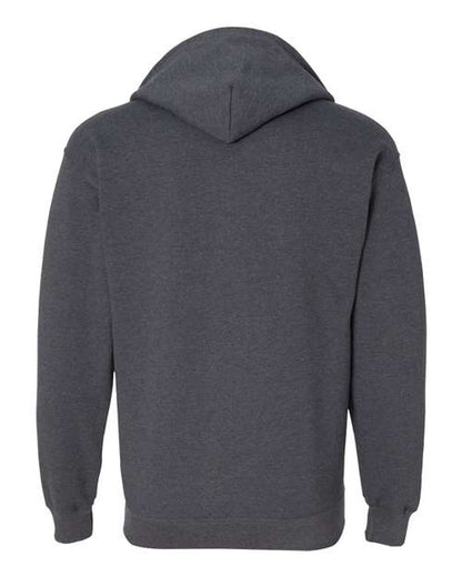 Gildan 18600 Heavy Blend full-zip hoodie in Dark Heather, back view showing the hood, long sleeves and ribbed hem.