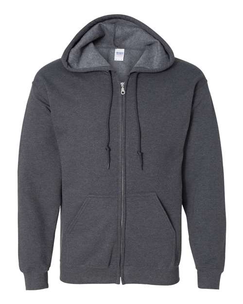 Gildan 18600 Heavy Blend full-zip hoodie in Dark Heather, front view showing the zipper, drawstring hood and pouch pockets.