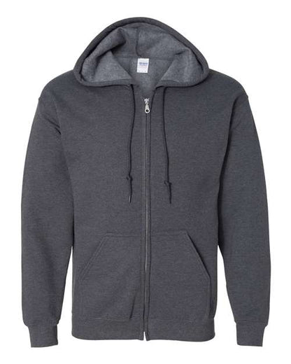 Gildan 18600 Heavy Blend full-zip hoodie in Dark Heather, front view showing the zipper, drawstring hood and pouch pockets.