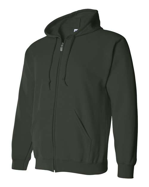 Gildan 18600 Heavy Blend full-zip hoodie in Forest, angled front view showing the hood, zipper and pouch pockets.